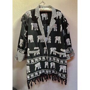 Samhilu Womens XL Jacket Striped Elephant Fringe African Boho Black White Casual